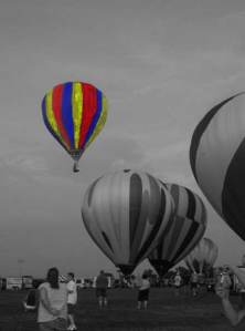 Grayscale image with color hot-air balloon