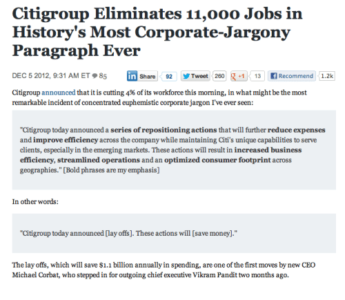 Screen shot from The Atlantic about CitiGroup layoffs